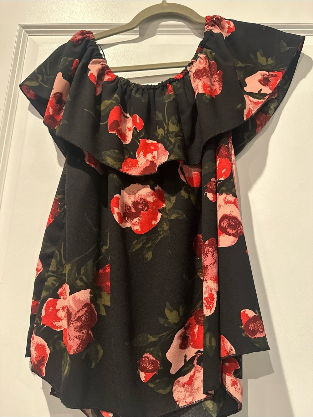 Black Floral Ruffle Neck top- Red & Pink Bloom